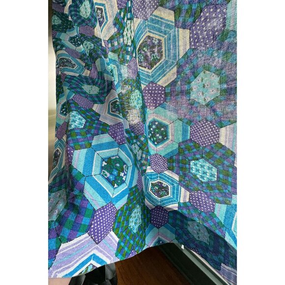 Vintage 70s curtain, blue, green purple faux patchwork, abstract floral panel - Picture 3 of 9